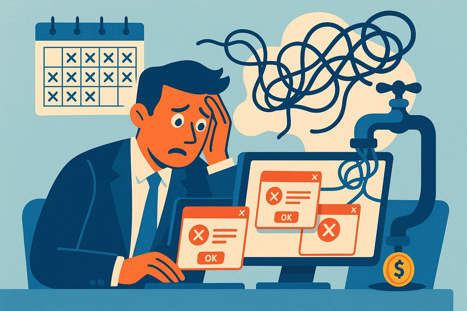 Illustration of IT problems draining time and budget